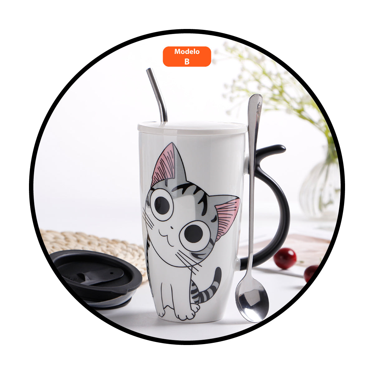Tazón ceramica gatito Chi c/ tapa cuchara y bombilla