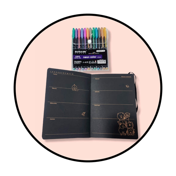 Set BTS BT21 agenda  Planner hoja negra dorado+ lápices neon