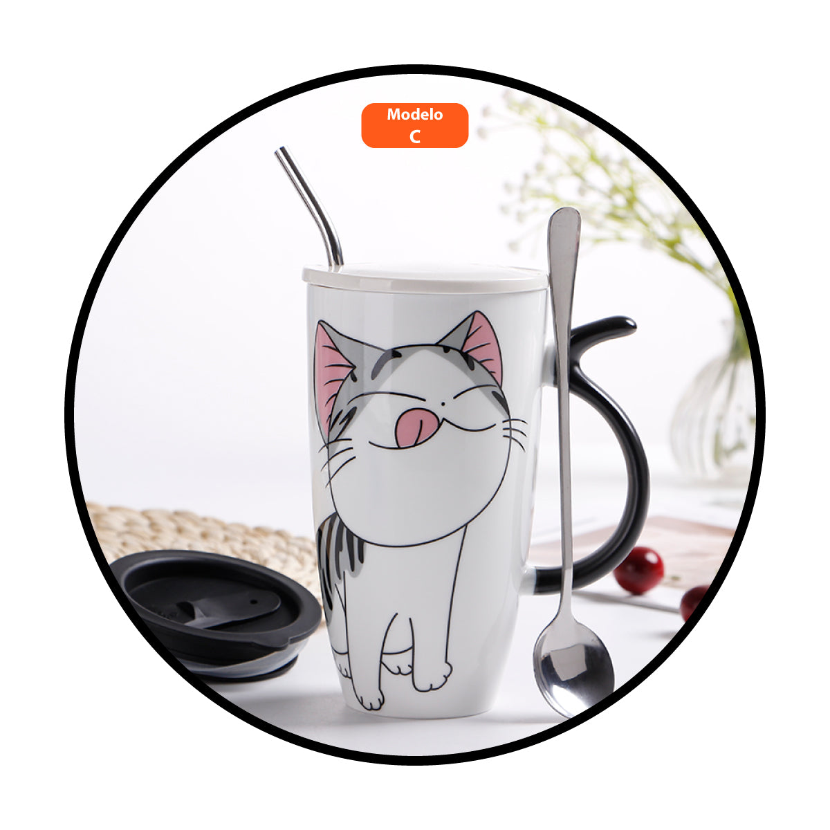 Tazón ceramica gatito Chi c/ tapa cuchara y bombilla