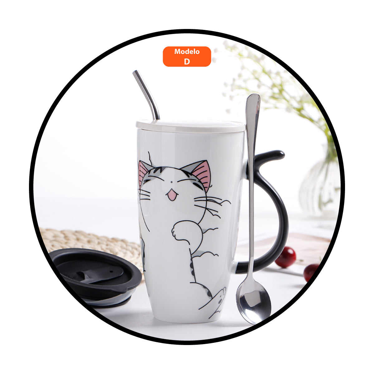 Tazón ceramica gatito Chi c/ tapa cuchara y bombilla