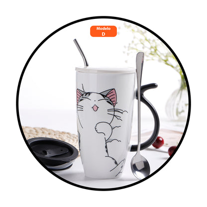 Tazón ceramica gatito Chi c/ tapa cuchara y bombilla