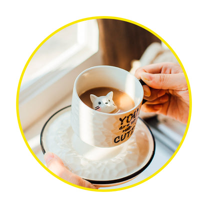 Taza con plato gato 3D escondido interior