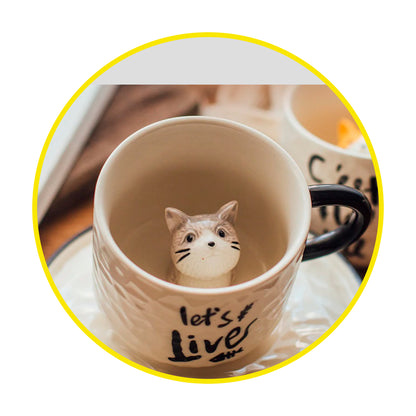 Taza con plato gato 3D escondido interior