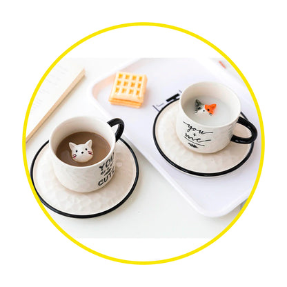 Taza con plato gato 3D escondido interior