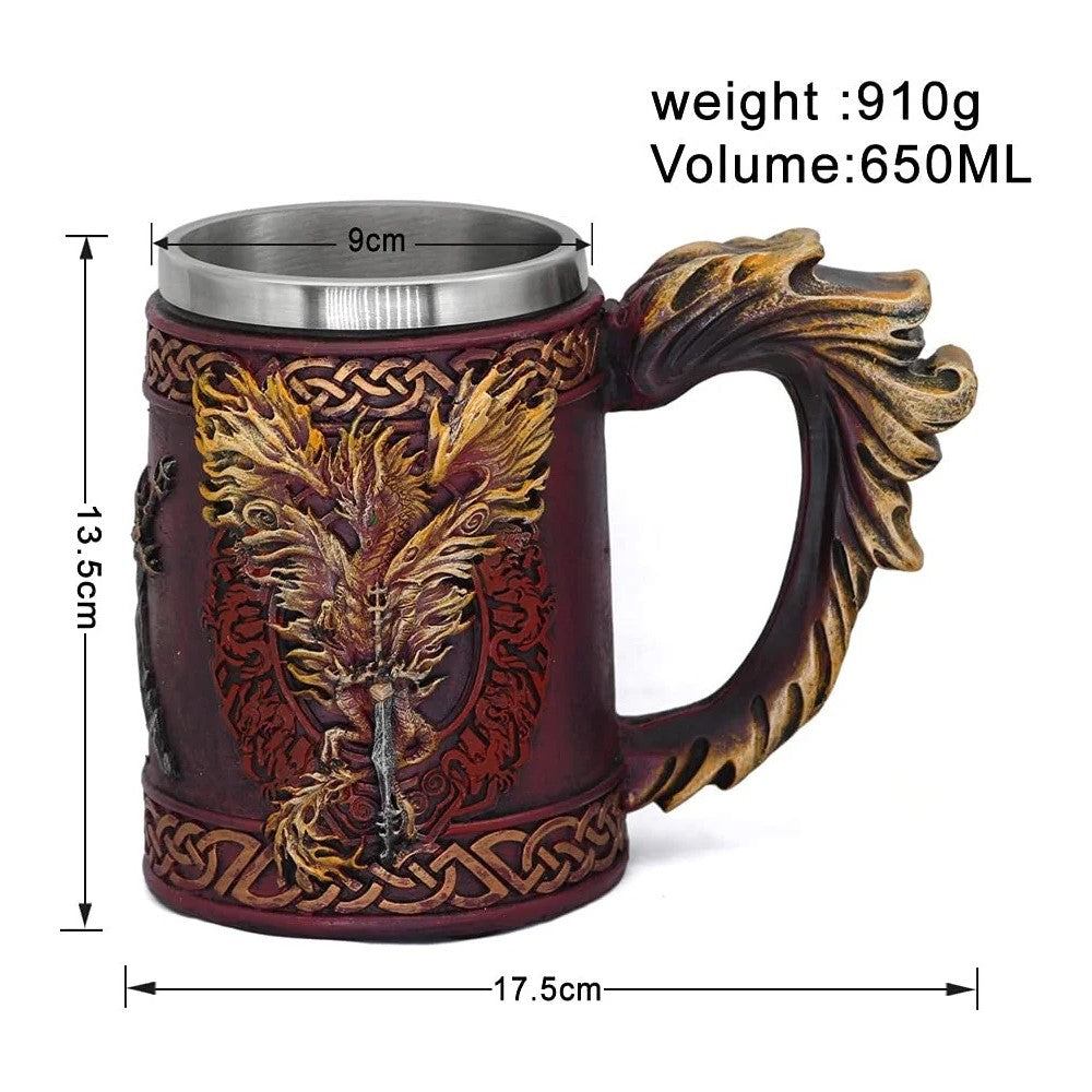 Tazón taza 3D Dragón flamas de fuego Fenix espada vikingo