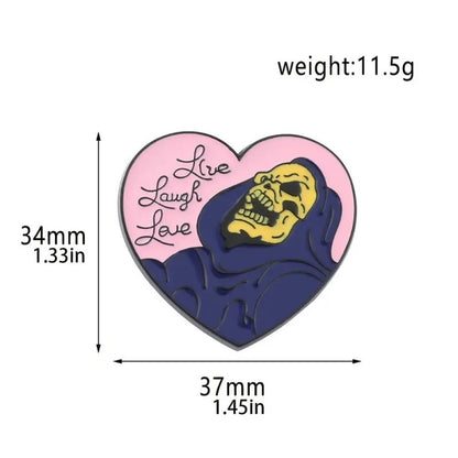 Pin Broche divertido Skeletor corazón "vive, ríe, ama"