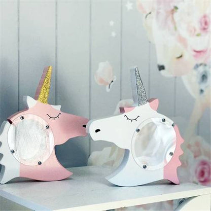 Alcancía Unicornio Madera Cuerno Glitter  Brillante Kawaii