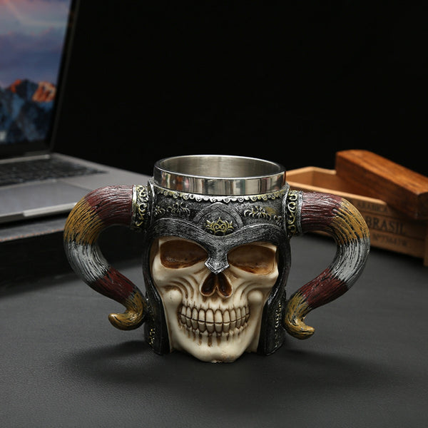 Tazón 3D Resina Y Acero Inox cuernos craneo Calavera Vikingo
