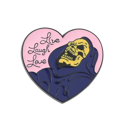 Pin Broche divertido Skeletor corazón "vive, ríe, ama"