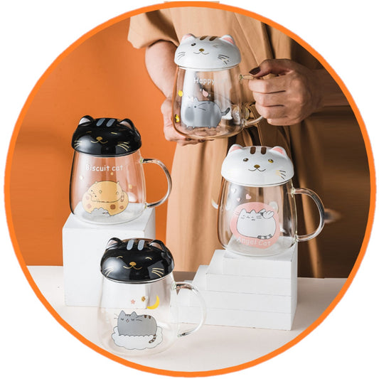Taza vidrio templado gatito asa cola