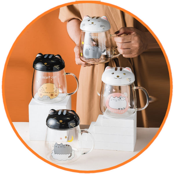 Taza vidrio templado gatito asa cola